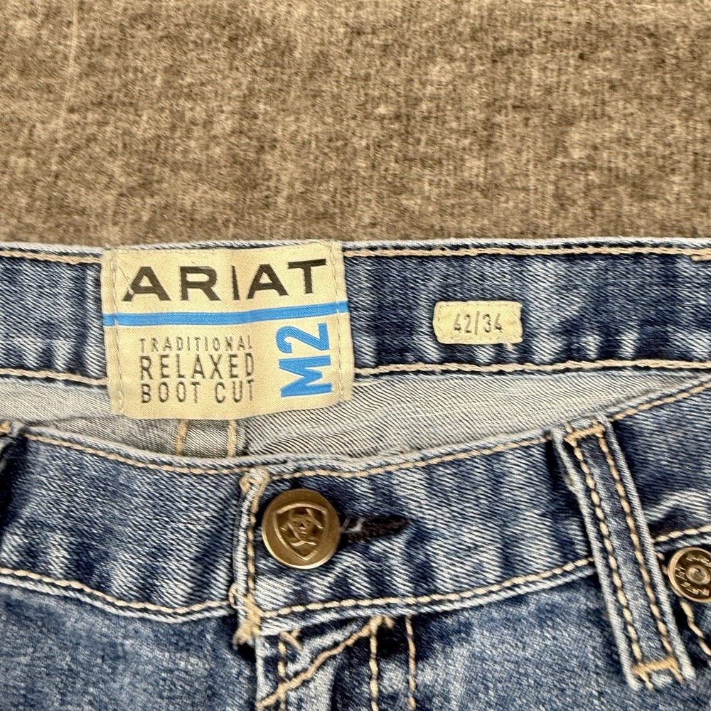 Ariat Rebar M4 Jeans Mens 42x34 Relaxed Boot Cut Workwear Distressed Whiskers - Picture 4 of 9